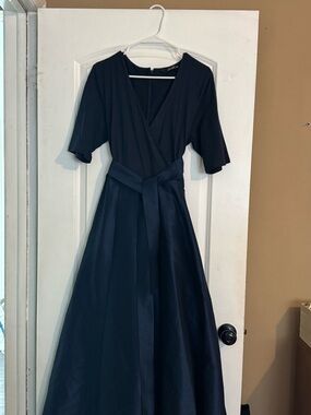 eshakti Navy Wrap-Style Midi Dress with Waist Sash